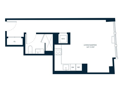 Floor plan for studio, 1 bath, 519 sqft